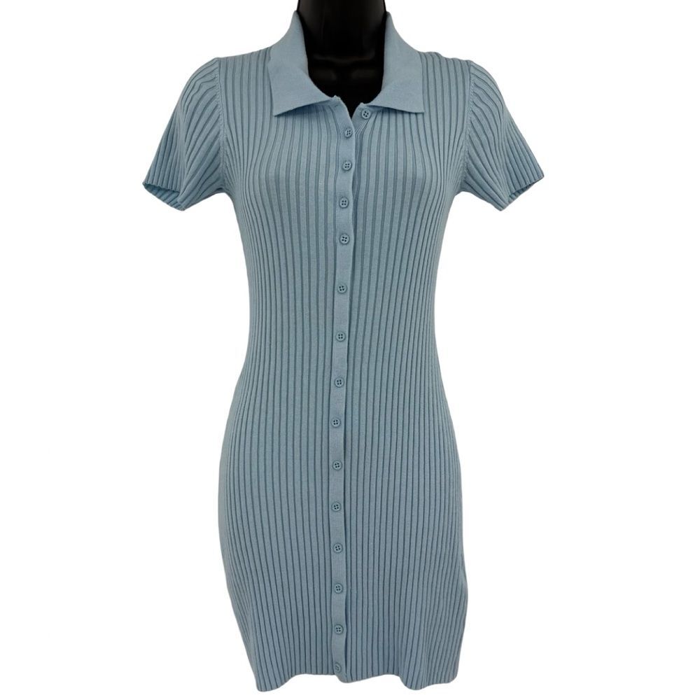 Urban Outfitters Ribbed Polo Button-Front Mini Dress in Light Blue | Size XS - Picture 2 of 7